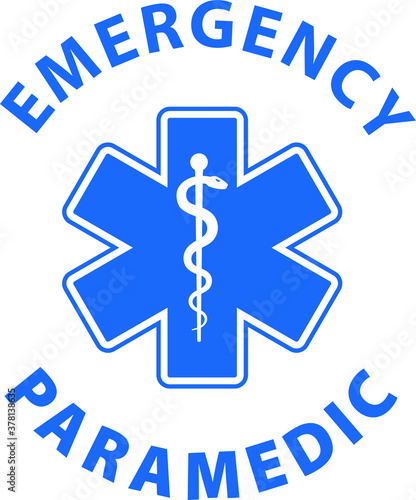 EMT Emergency Paramedic text and Star of Life symbol blue icon isolated on white background.