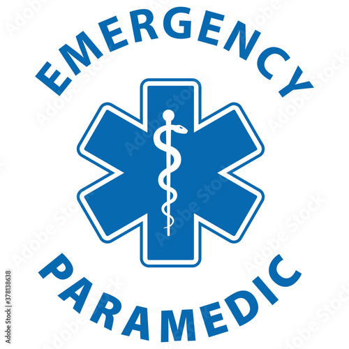 EMT Emergency Paramedic text and Star of Life symbol blue icon isolated on white background.