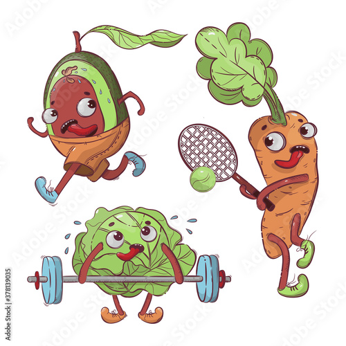 SPORT VEGETABLES Cartoon T-shirt Print Vector Illustration Set