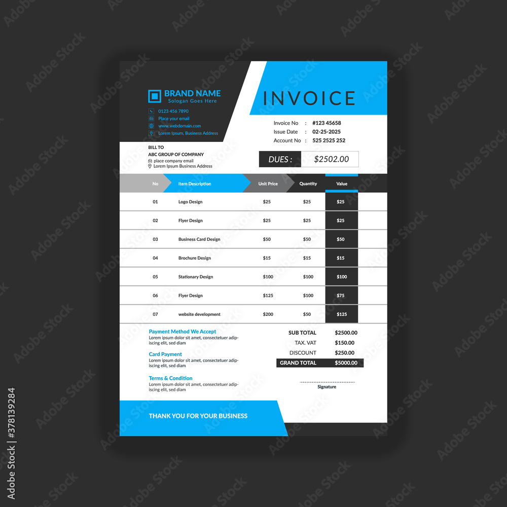 Clean and minimal business invoice template, modern and professional invoice template Clean and minimal business invoice template, modern and professional invoice template