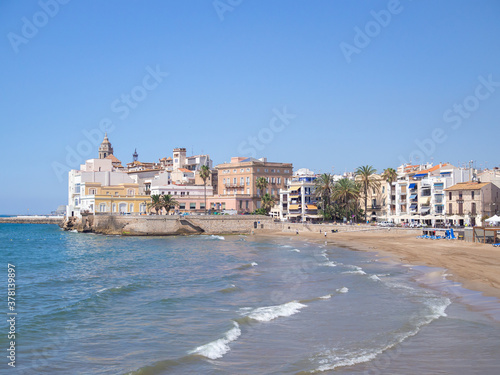 San Sebastia beach panoramic view located in Sitges, Spain photo