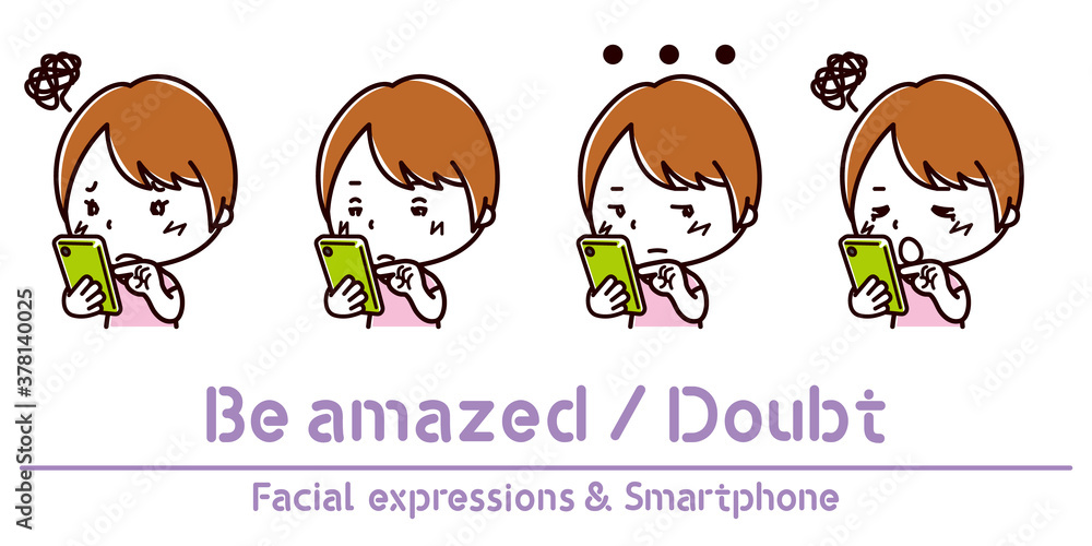 スマホを持った女性の表情のイラスト/疑う/呆れる スマホを持った女性の表情のイラスト/疑う/呆れる