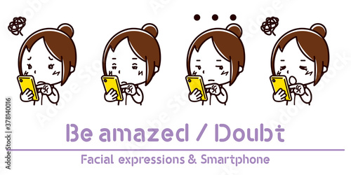 スマホを持った女性の表情のイラスト/疑う/呆れる