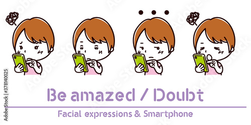 スマホを持った女性の表情のイラスト/疑う/呆れる