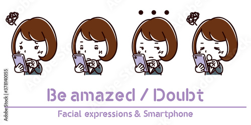 スマホを持った女性の表情のイラスト/疑う/呆れる