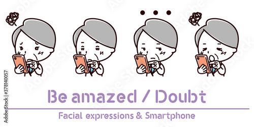 スマホを持った女性の表情のイラスト/疑う/呆れる