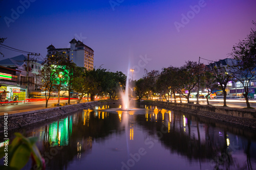 Cityview with water fountain at night in Chiang mai, thailand, Cityview with long exposure