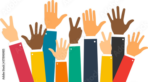 Raise hands. Hand gesturing. Arms raised. Volunteering. Voting. Vector illustration. EPS 10
