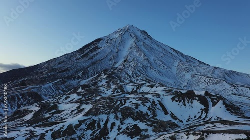 The stunning Koryaksky volcano, the natural scenery of the Kamchatka Peninsula in Russia. Close-up of the volcano.