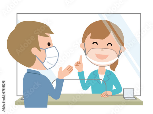 受付  ウイルス感染予防のためアクリル板を設置  透明マスク着用