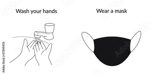Wash your hands and wear a mask. Black and white vector illustration. Line drawing poster design. Covid. Corona virus protection. Pandemic. Manual instruction