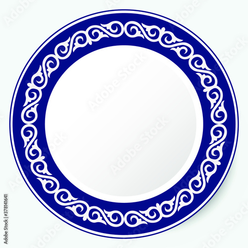 Circle frame, workpiece for your design. Ornamental elements and motifs of Kazakh, Kyrgyz, Uzbek, national Asian decor for plate, textile and print design. Round frame. Vector. 