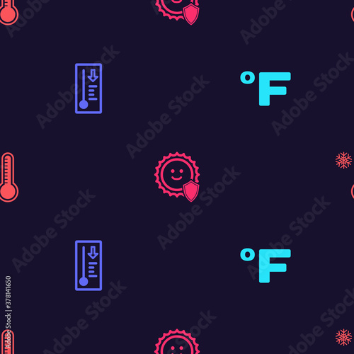 Set Fahrenheit, Meteorology thermometer, UV protection and on seamless pattern. Vector.