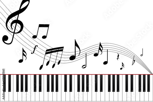 白いピアノ鍵盤と音符のイメージ white piano and music note concept image illustration