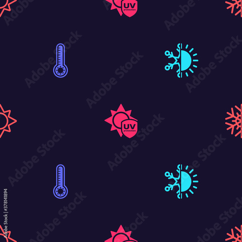 Set Sun and snowflake, Meteorology thermometer, UV protection and on seamless pattern. Vector.