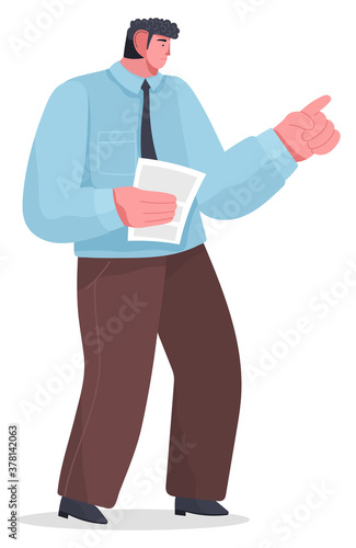  artoon male serious character standing with paper or document, points or punishes with his hand. Waving finger in disapproval. Do not cope the work. Chaos in office. Boss scolds subordinate