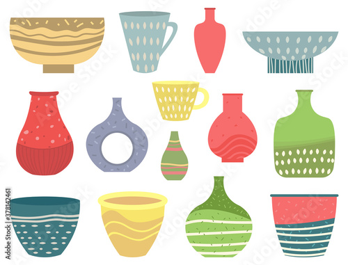 Set of striped vase isolated on white. Crockery decorative jar with waves ornament, color pot in flat style design, ceramic flowerpot. Handmade items from clay. Vase for flowers. Vector illustration