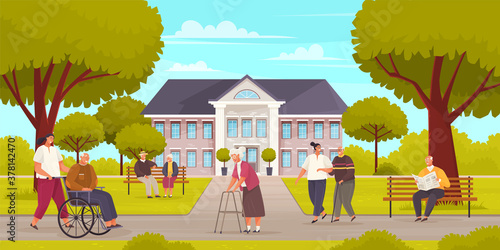 Nursing home center for retired people. Nursing home building exterior. Health care for old and sick people. Elderly characters are walking in park with green lawns and trees, sitting on bench talking