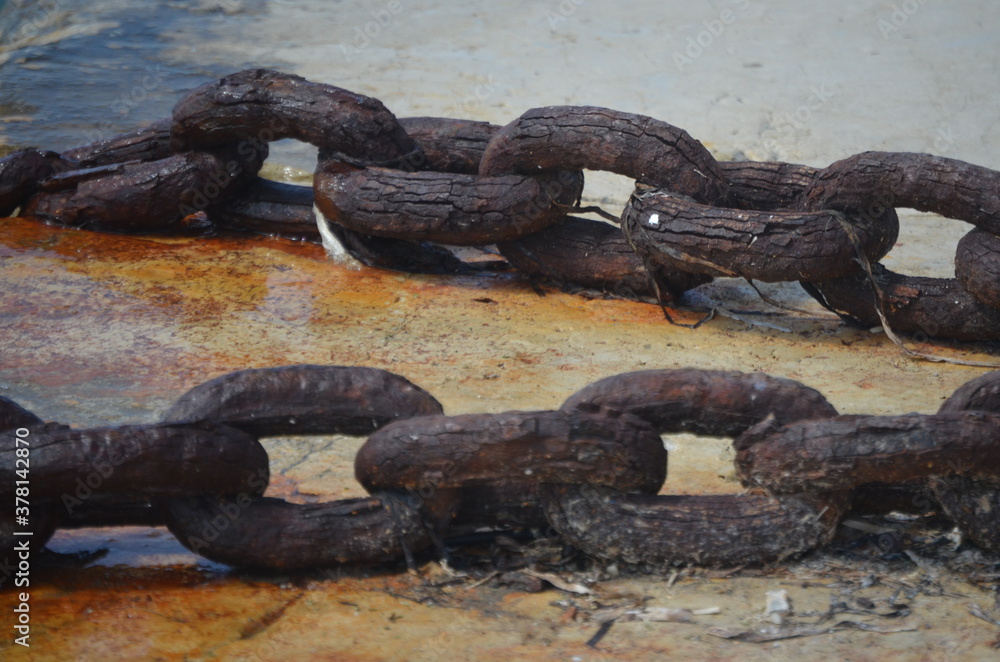 old rusty iron chains, with very large links, resting on the pavement
old rusty iron chains, with very large links, resting on the pavement