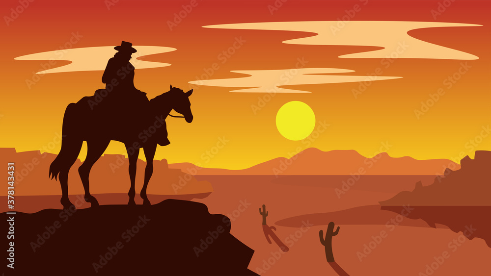 Cowboy sitting on the horse vector illustration. Western concept silhouette.