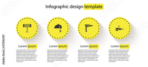 Set Electric heater, mixer, drill machine and Angle grinder. Business infographic template. Vector.