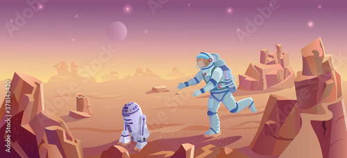 Spaceman chasing robot. Uninhabited planet landscape. Futuristic concept. Cartoonish vector illustration. photo