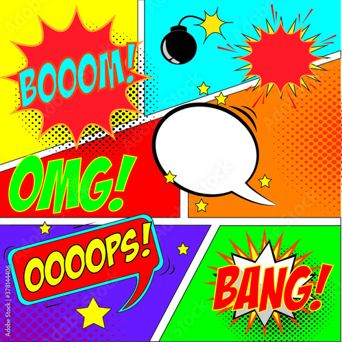 Comic book page template in pop art style. Colorful background with speech bubbles  balloons  sound  symbols  dotted and halftone effects. Vector illustration