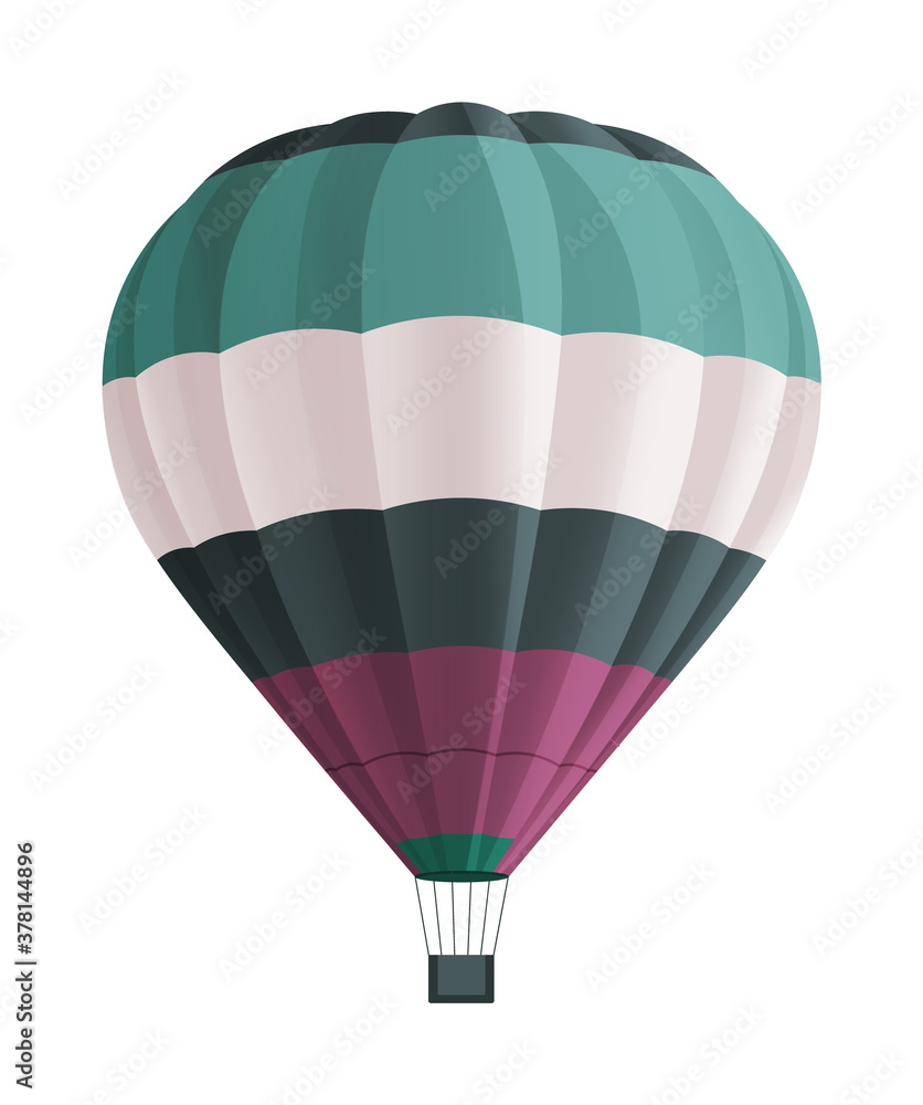 Naklejka premium Balloon for flights. Hot aircraft isolated on white background. Flying in the clouds on a color airship. Beautiful airy flying hot air machine. Green, White and purple stripes aerostat. Flat image