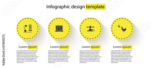 Set Flower status, Genetic engineering modification, Automatic irrigation sprinklers and Chicken farm and camera. Business infographic template. Vector.