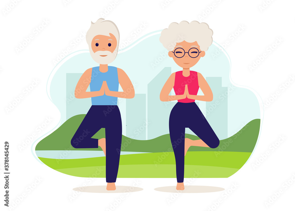 Senior couple goes in for sports on the street. Yoga practice. Vector illustration in flat style. Old man and woman are active outdoor