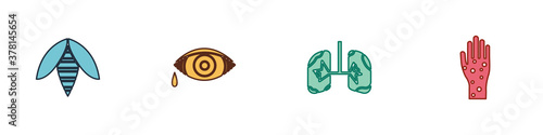 Set Bee, Reddish eye allergic conjunctivitis, Lungs and Hand with psoriasis or eczema icon. Vector.