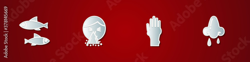 Set Fish, Handkerchief to his runny nose, with psoriasis or eczema and Runny icon. Vector.
