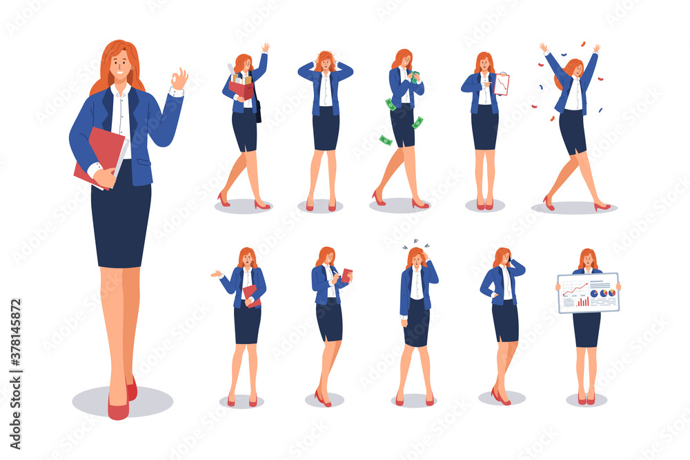 Obraz premium Businesswoman character set. Business people in workplace