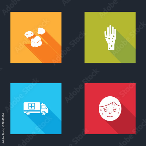 Set Dust, Hand with psoriasis or eczema, Emergency car and Man excessive sweating icon. Vector.