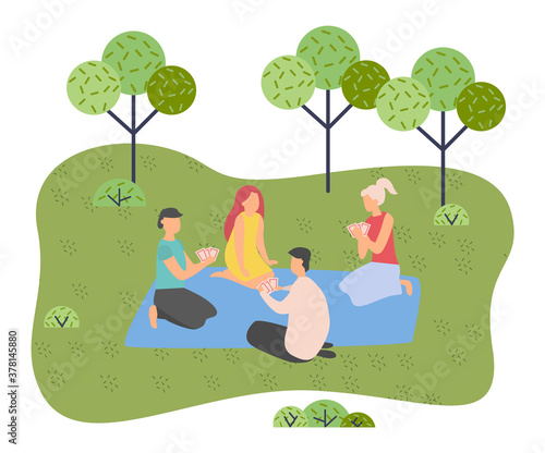 Young company of friends on picnic outside the city. Campfire gatherings, playing cards. Trip out of town or city park. Rest and vacation. Green trees, grass. Gambling. Flat vector illustration