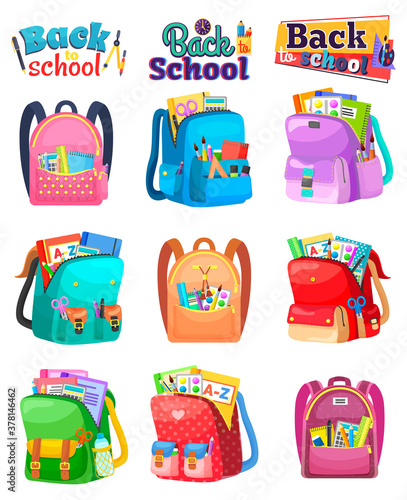Colored school backpack. Education and study back to school, schoolbag luggage, rucksack vector illustration. Kids school bag with education equipment. Backpacks with study supplies. Student satchels