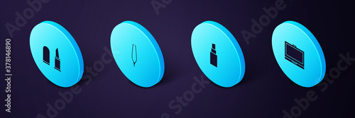 Set Isometric Makeup powder with mirror, Lipstick, Eyebrow tweezers and icon. Vector.