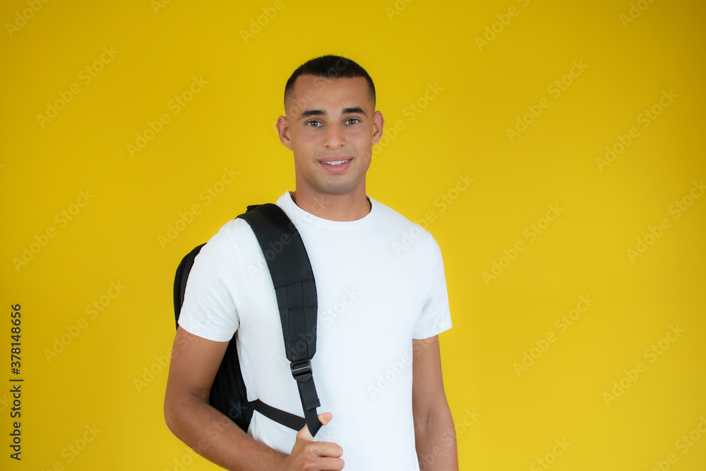 Young handsome man wearing student backpack smiling happy and positive Young handsome man wearing student backpack smiling happy and positive