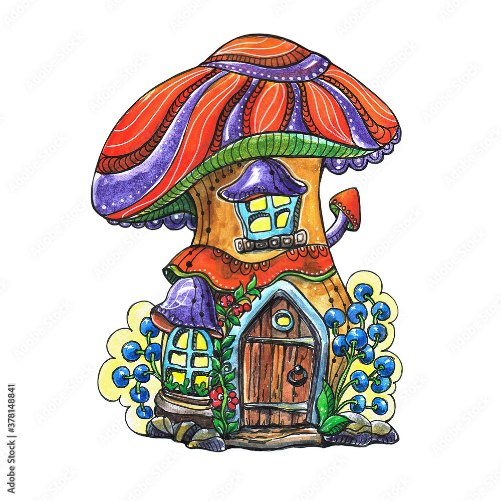 Cartoon mushroom.Illustration.Watercolor painting.Hand drawing.Fairy ...