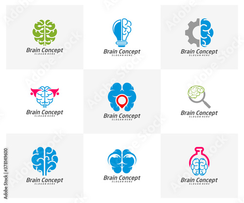 Set of Brain Logo design vector template. Think idea concept. Brainstorm power thinking brain icon Logo.