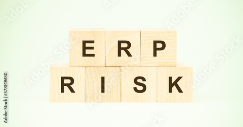 black letters erp and word risk with wooden blocks on green