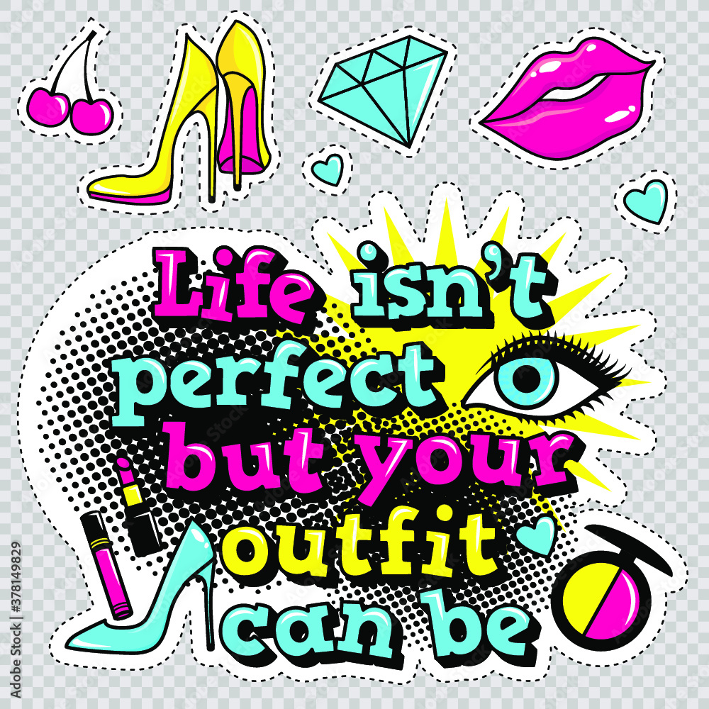 Fototapeta premium Fashion patch badges with lips, hearts,shoes, lipstick,cosmetics, stars, cool text and other elements with stroke. Set of stickers and patches in cartoon 80s-90s comic style in vector. Ready for print