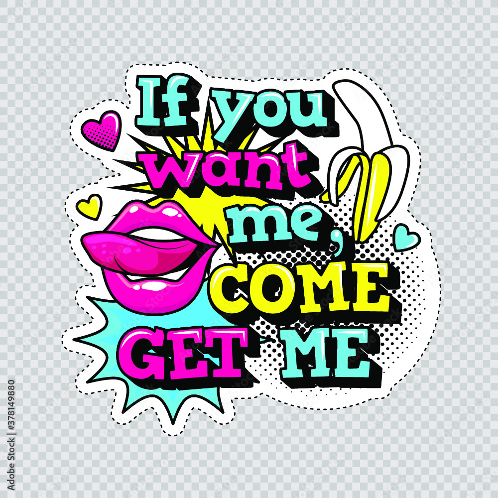 Obraz premium Fashion patch badges with lips, hearts,shoes, lipstick,cosmetics, stars, cool text and other elements with stroke. Set of stickers and patches in cartoon 80s-90s comic style in vector. Ready for print
