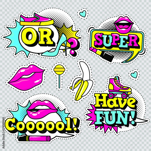 Fashion patch badges with lips, hearts,shoes, lipstick,cosmetics, stars, cool text and other elements with stroke. Set of stickers and patches in cartoon 80s-90s comic style in vector. Ready for print