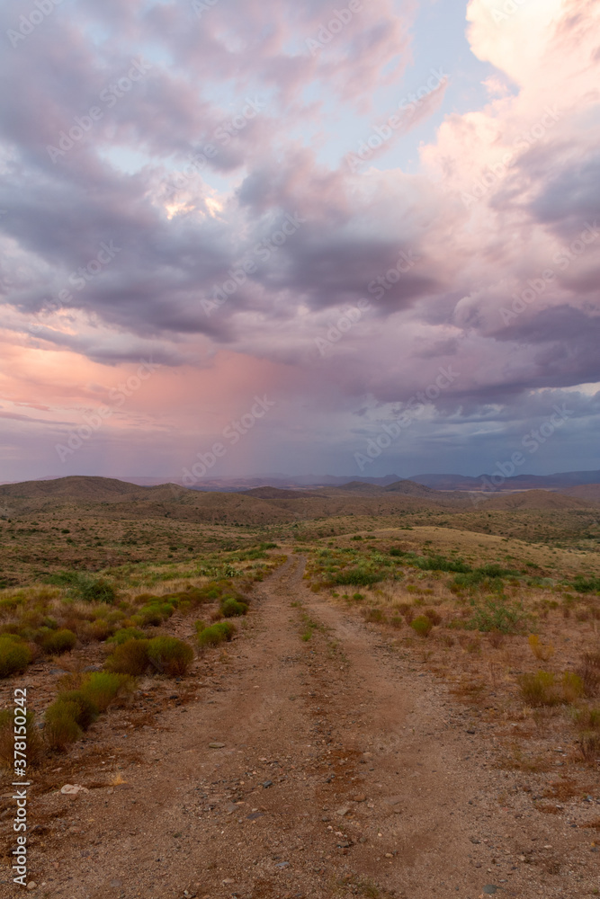 A dirt road leading to a distant monsoon during sunset in the desert of Arizona.