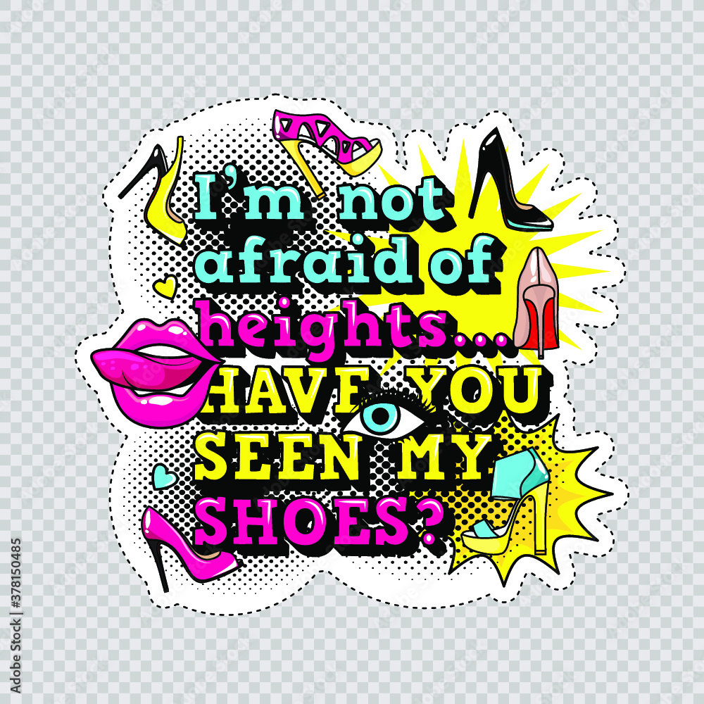 Fototapeta premium Fashion patch badges with lips, hearts,shoes and sexy quotes on white background with stroke. Set of stickers and patches in cartoon 80s-90s comic style in vector. Ready for print