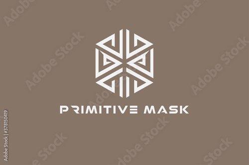 Mask logo, Traditional Mask and Hexagonal combination, flat design logo template, vector illustration