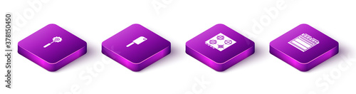 Set Isometric Pizza knife, Meat chopper, Gas stove and Oven icon. Vector.