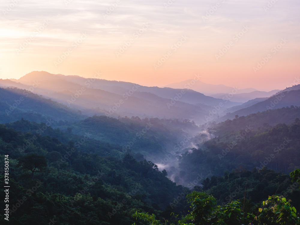 beautiful nature of hills and mountain are complex with the atmosphere of the morning sunrise, at Mae Wong National park, Kamphaeng Phet, Thailand.