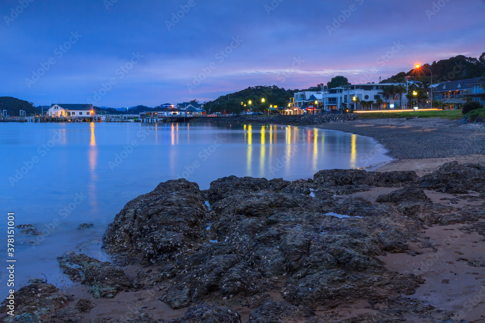 Paihia, New Zealand, a small holiday town in the Bay of Islands, at night